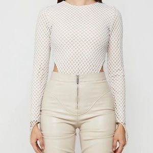 Maniere De Voir High Leg Mesh White Bodysuit